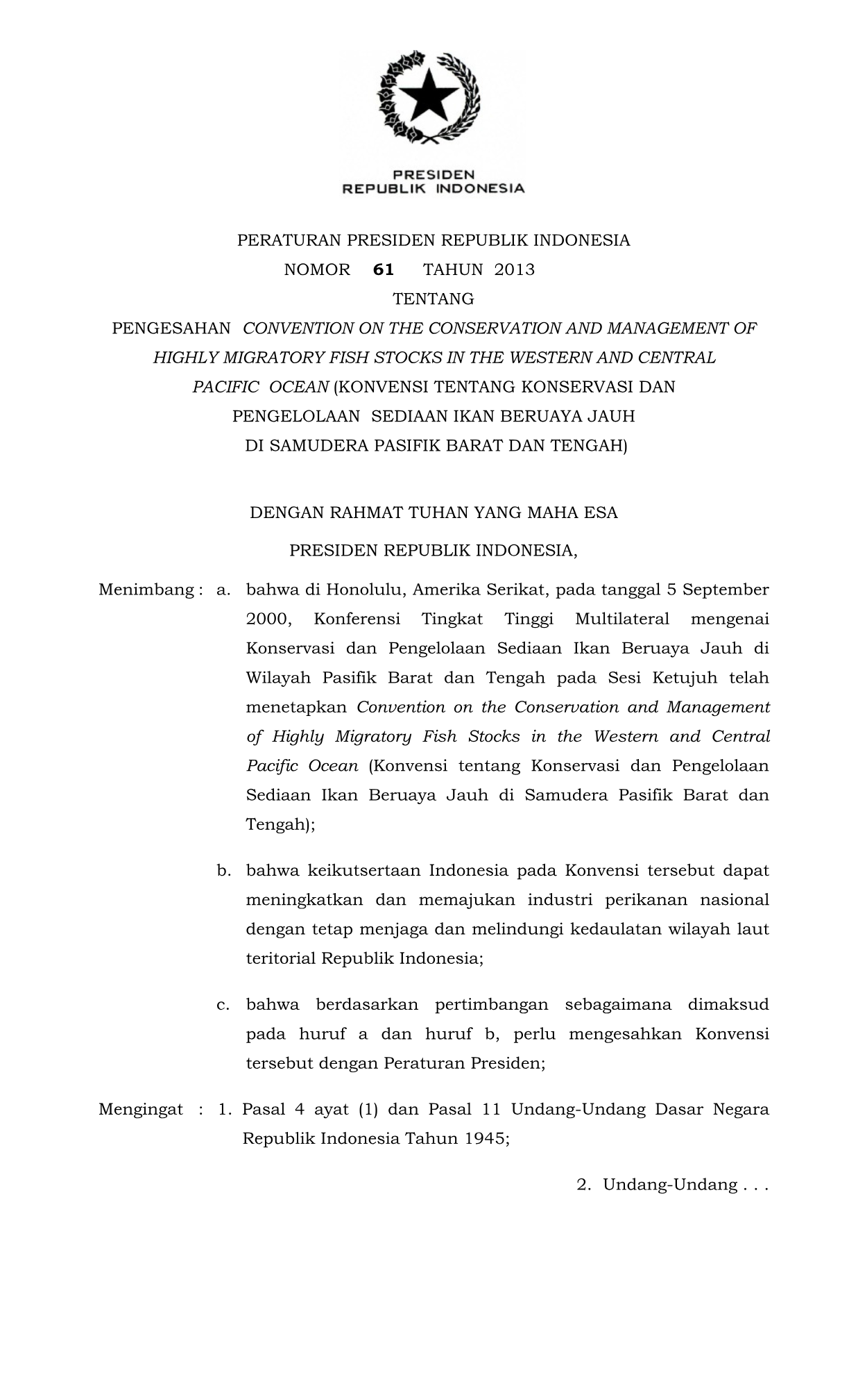 Peraturan Presiden Nomor 61 Tahun 2013