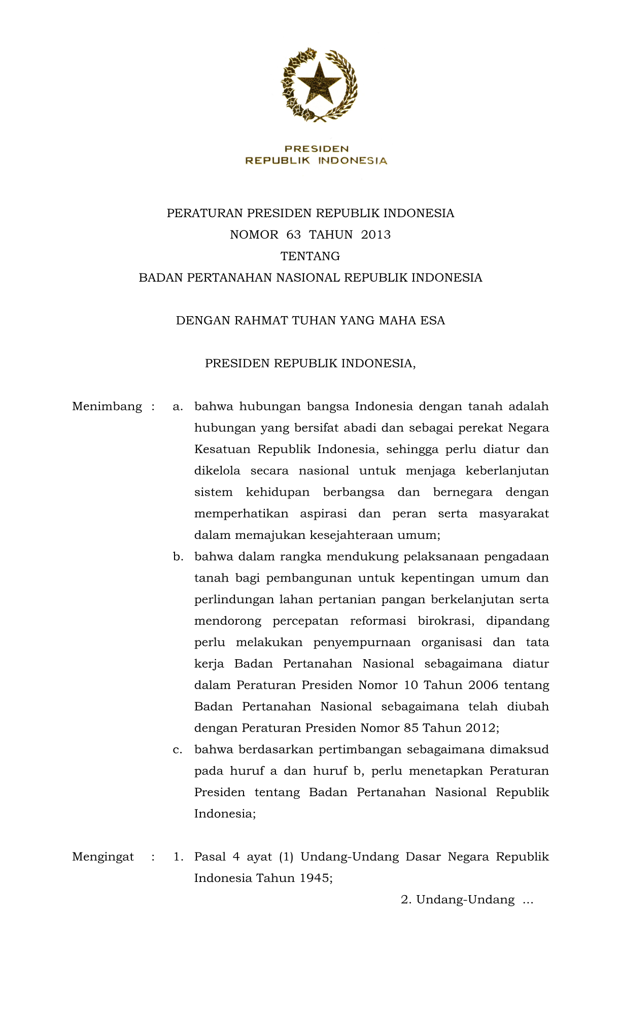 Peraturan Presiden Nomor 63 Tahun 2013