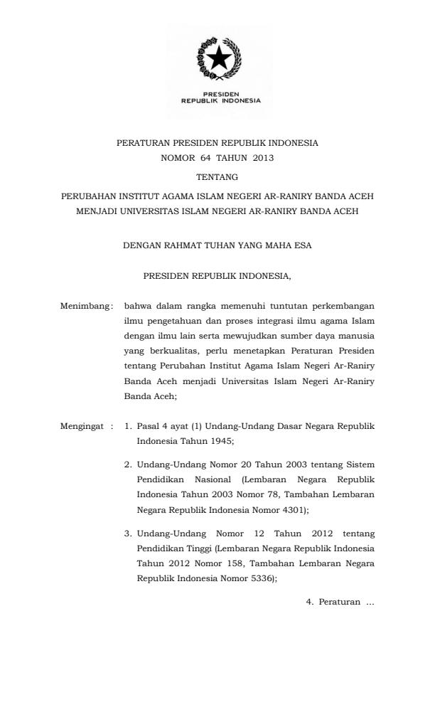 Peraturan Presiden Nomor 64 Tahun 2013