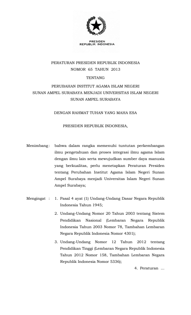 Peraturan Presiden Nomor 65 Tahun 2013