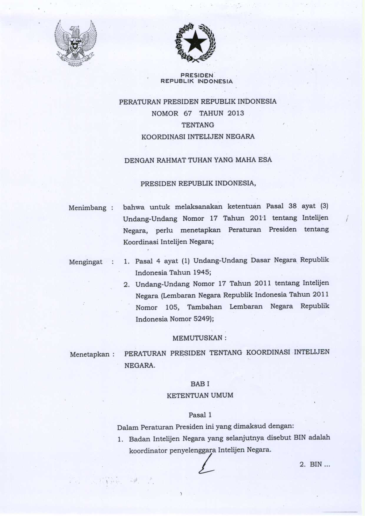 Peraturan Presiden Nomor 67 Tahun 2013