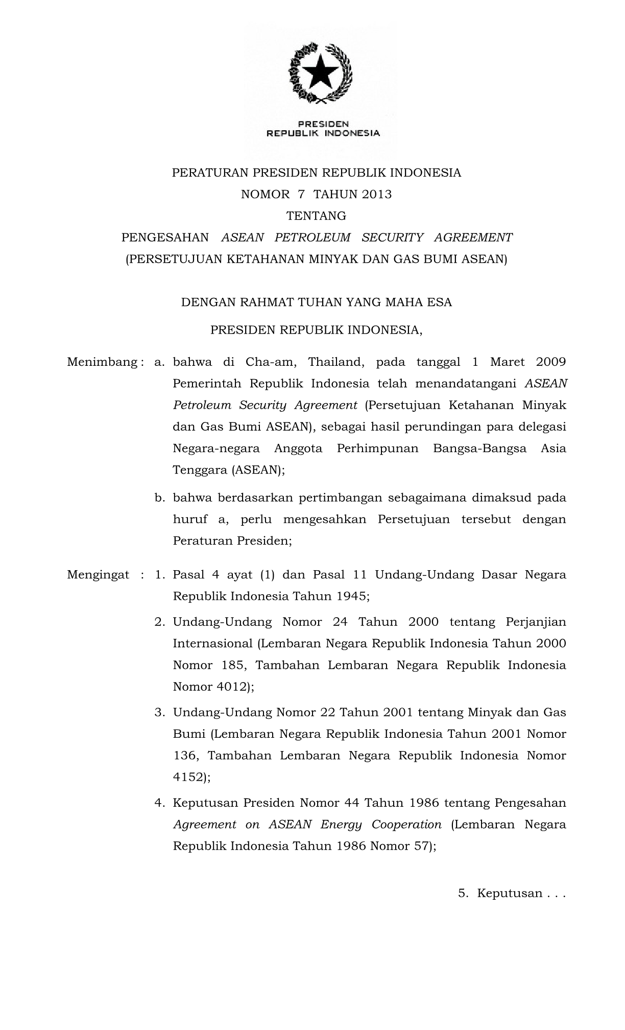 Peraturan Presiden Nomor 7 Tahun 2013