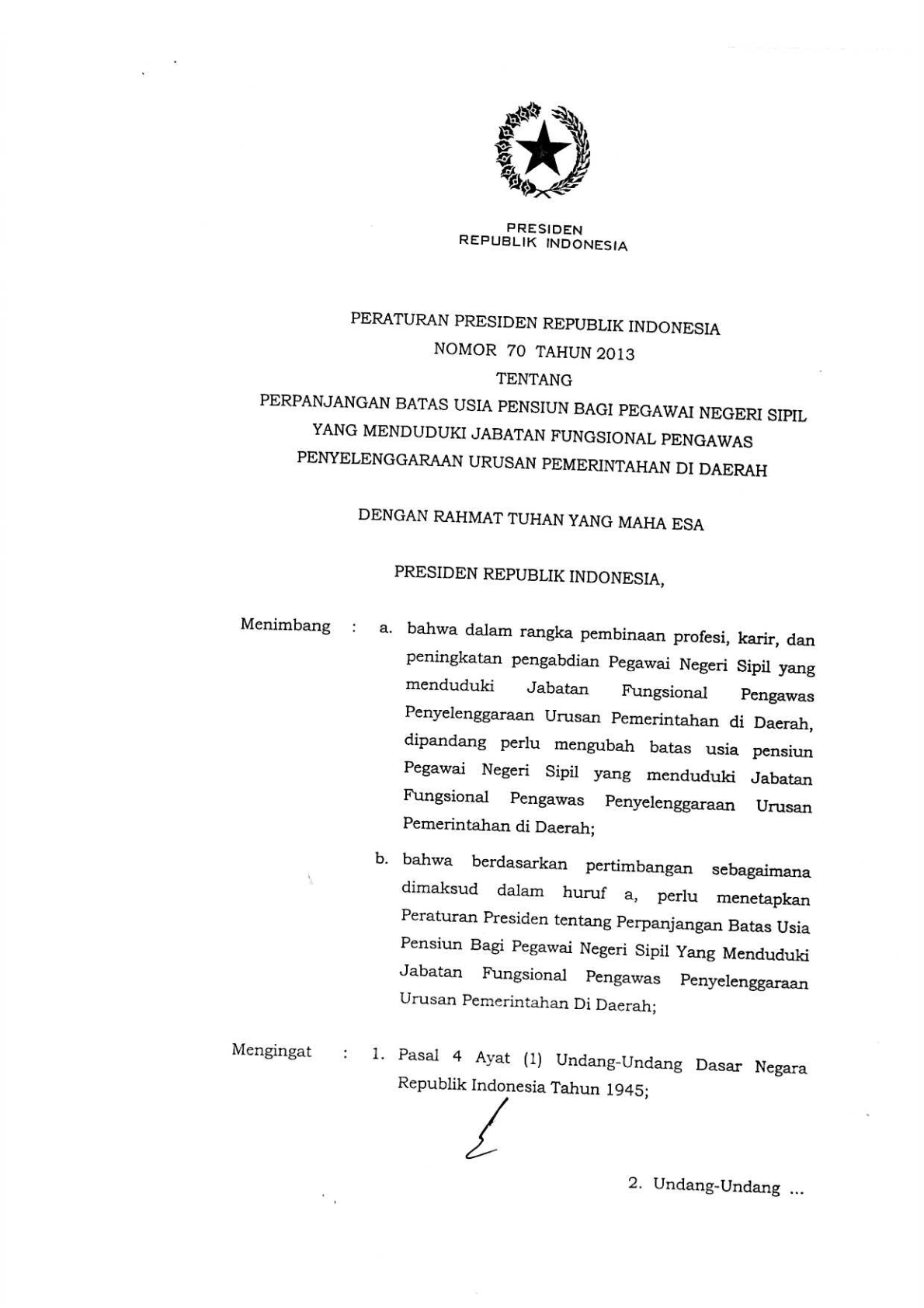 Peraturan Presiden Nomor 70 Tahun 2013