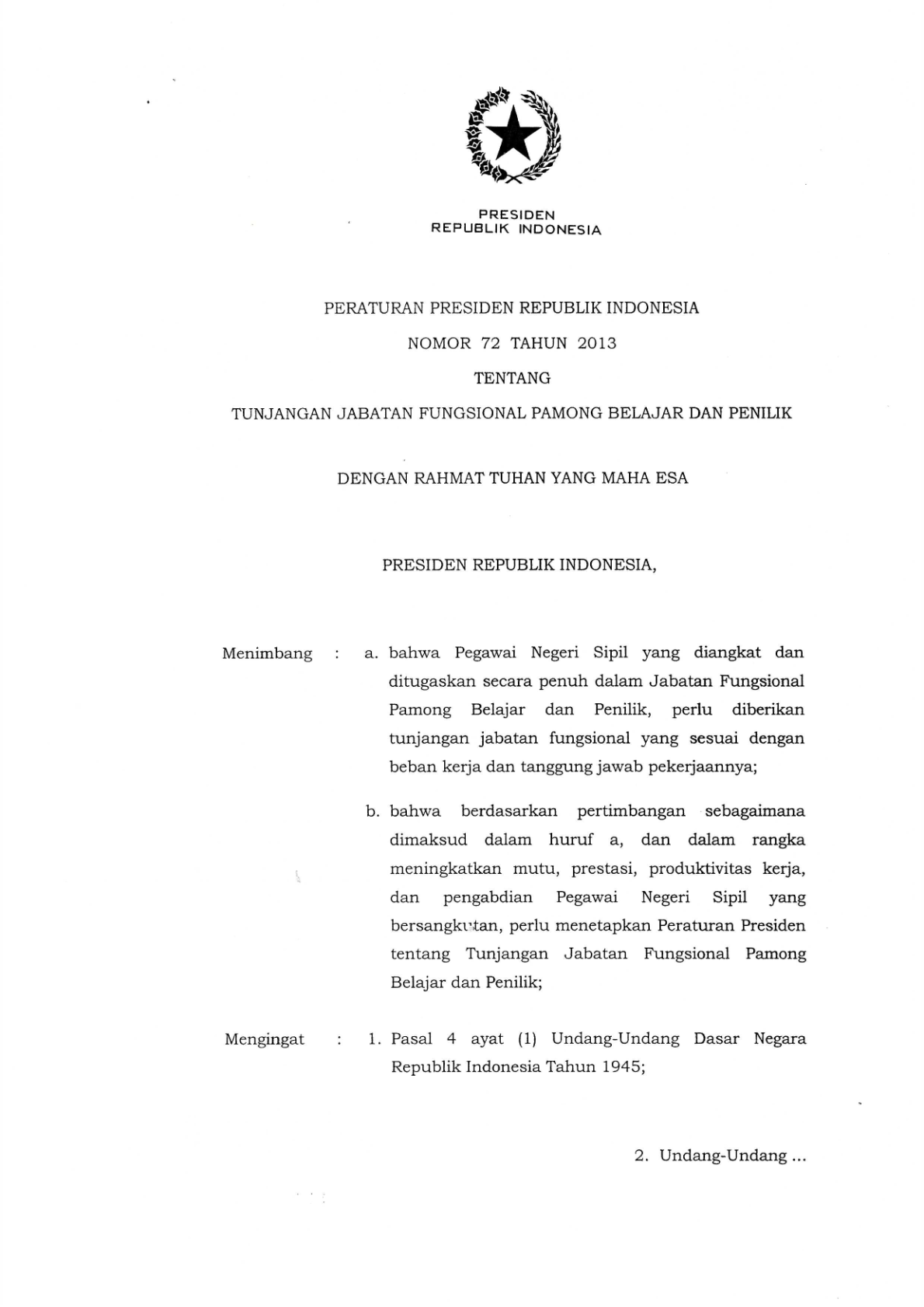 Peraturan Presiden Nomor 72 Tahun 2013