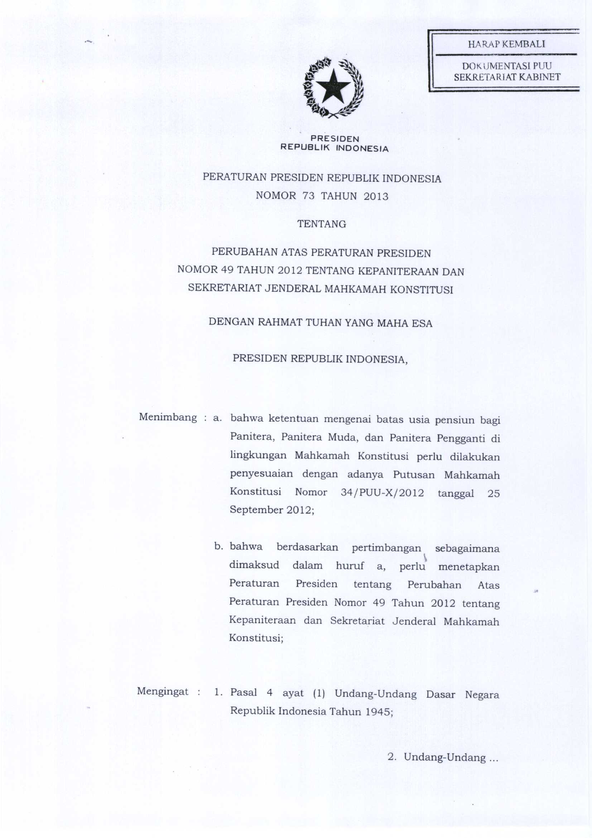 Peraturan Presiden Nomor 73 Tahun 2013