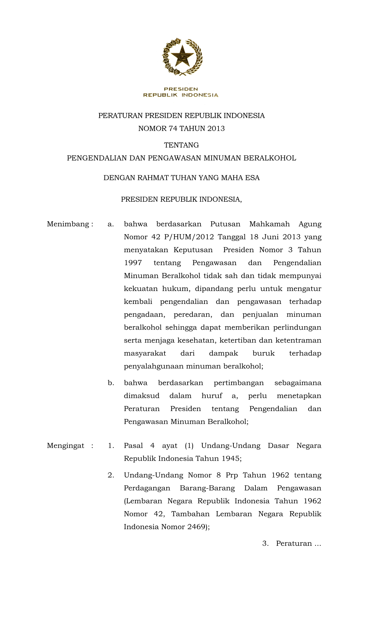 Peraturan Presiden Nomor 74 Tahun 2013