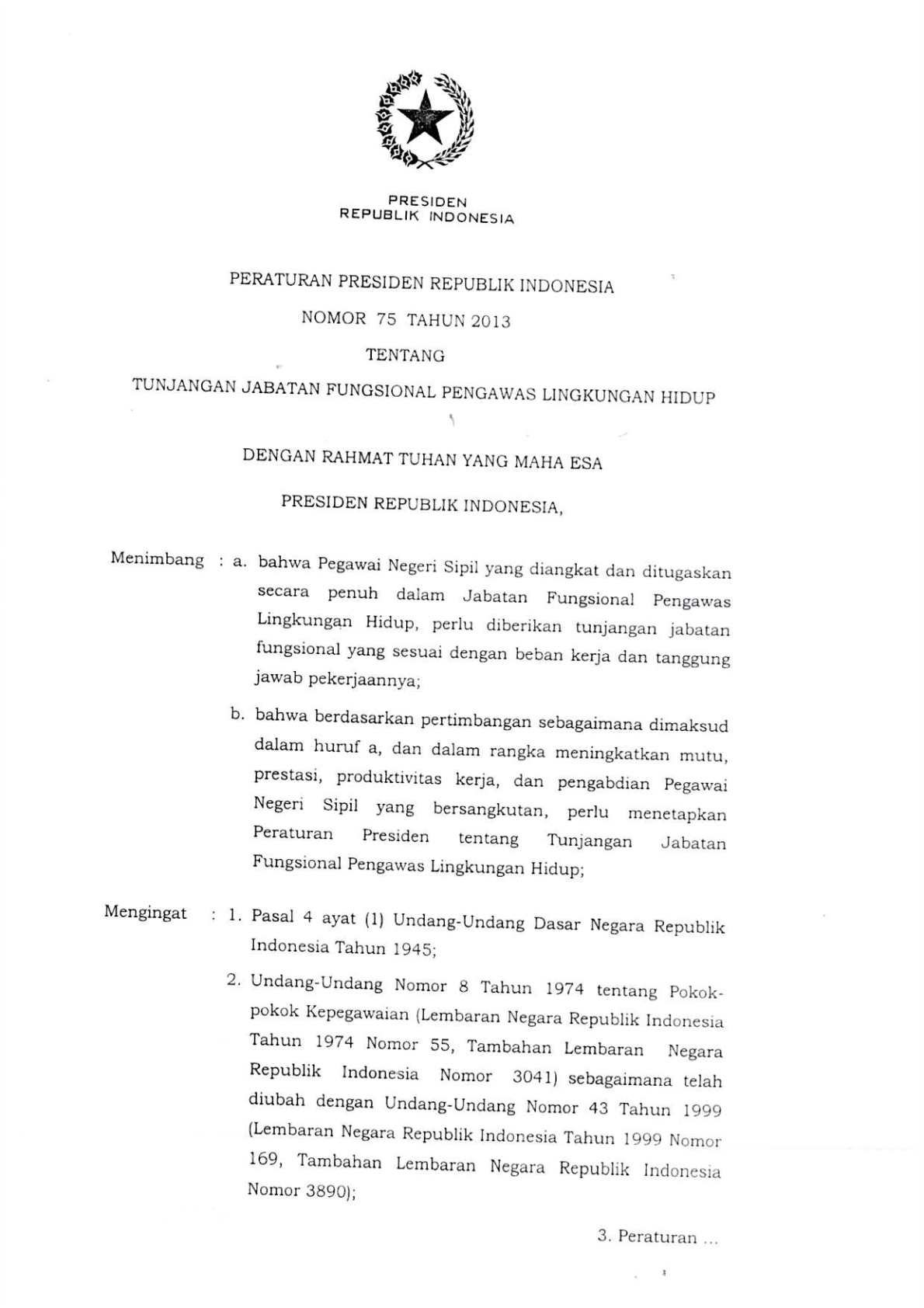 Peraturan Presiden Nomor 75 Tahun 2013