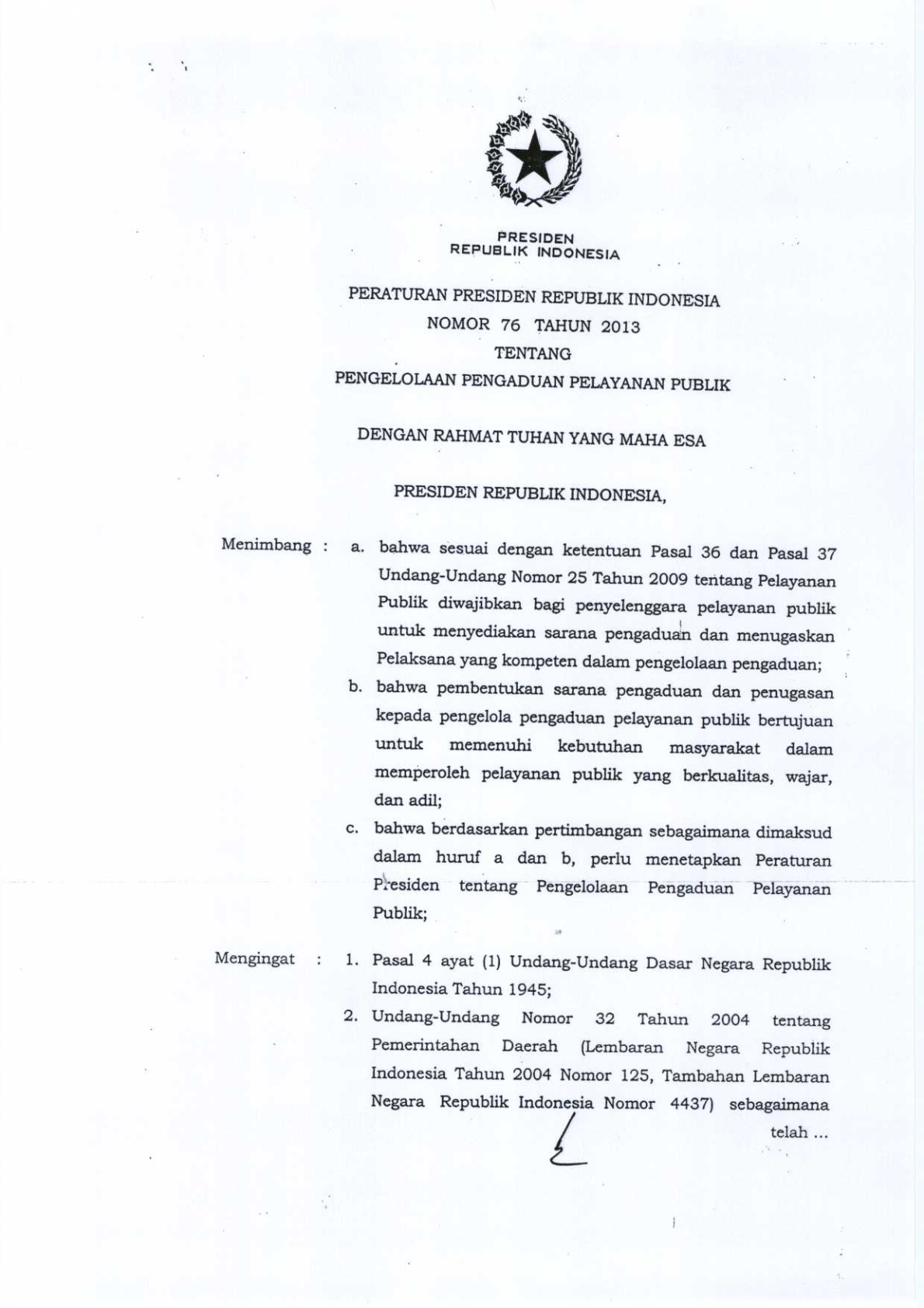 Peraturan Presiden Nomor 76 Tahun 2013