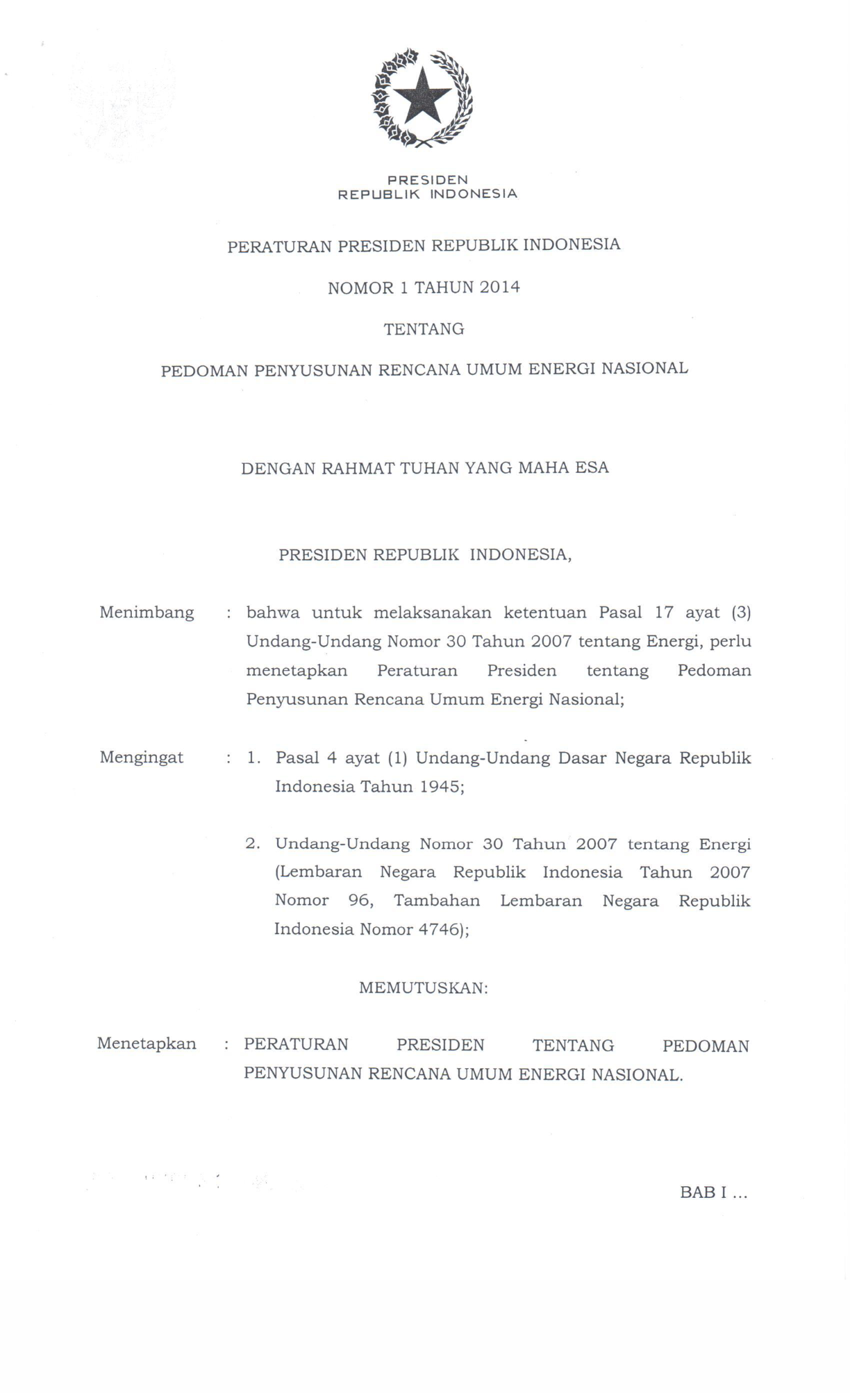 Peraturan Presiden Nomor 1 Tahun 2014