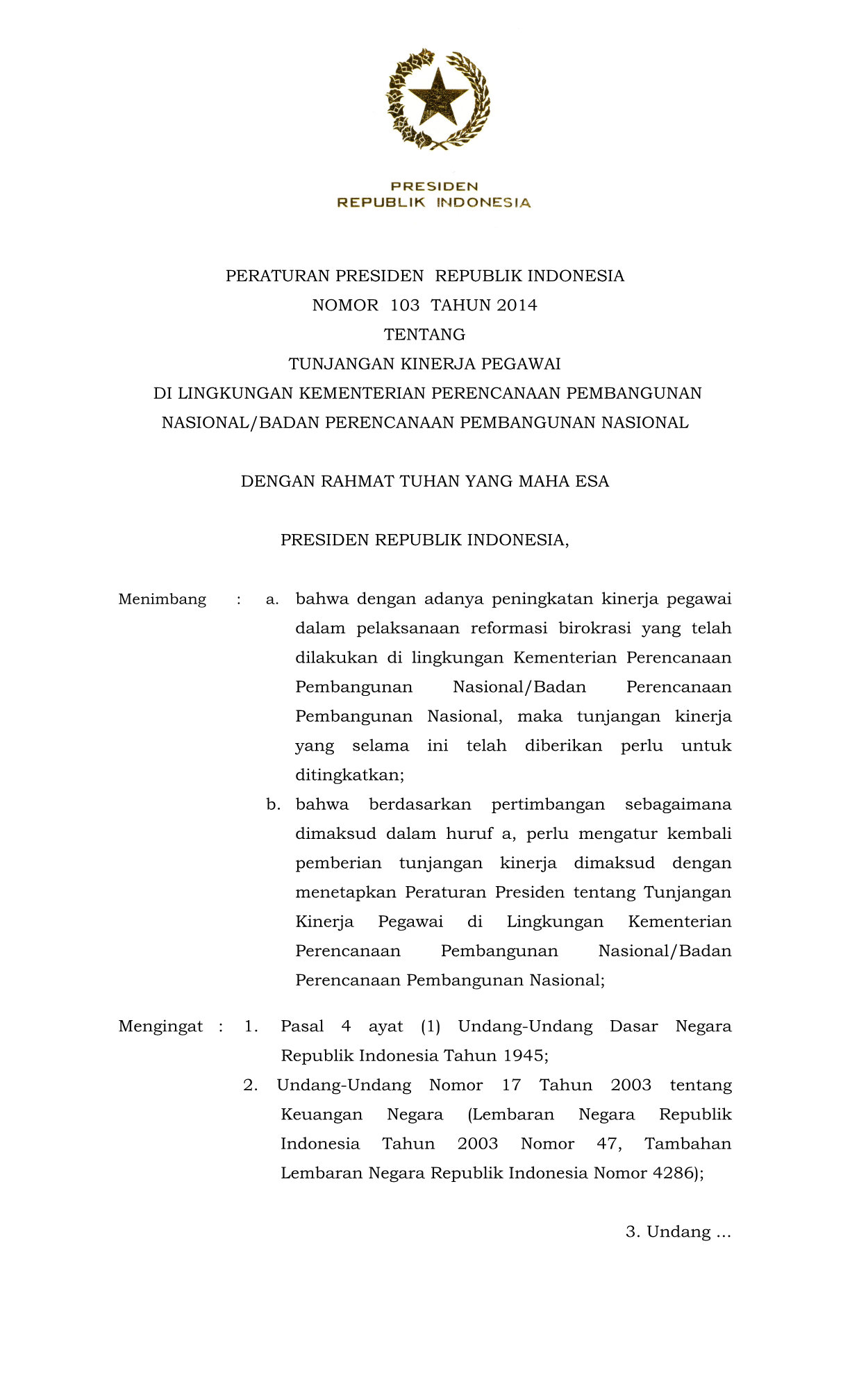 Peraturan Presiden Nomor 103 Tahun 2014