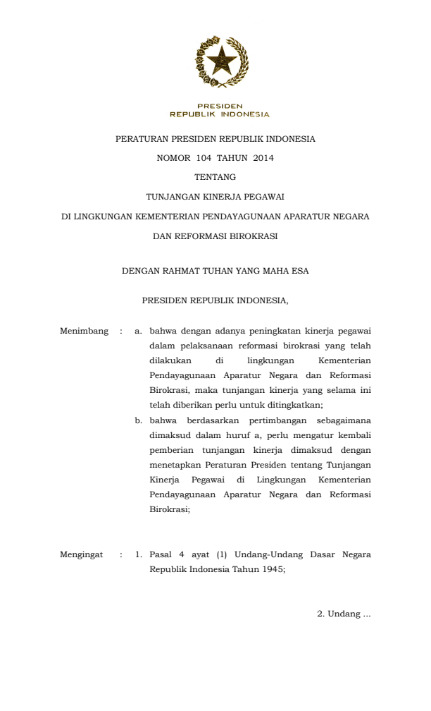 Peraturan Presiden Nomor 104 Tahun 2014