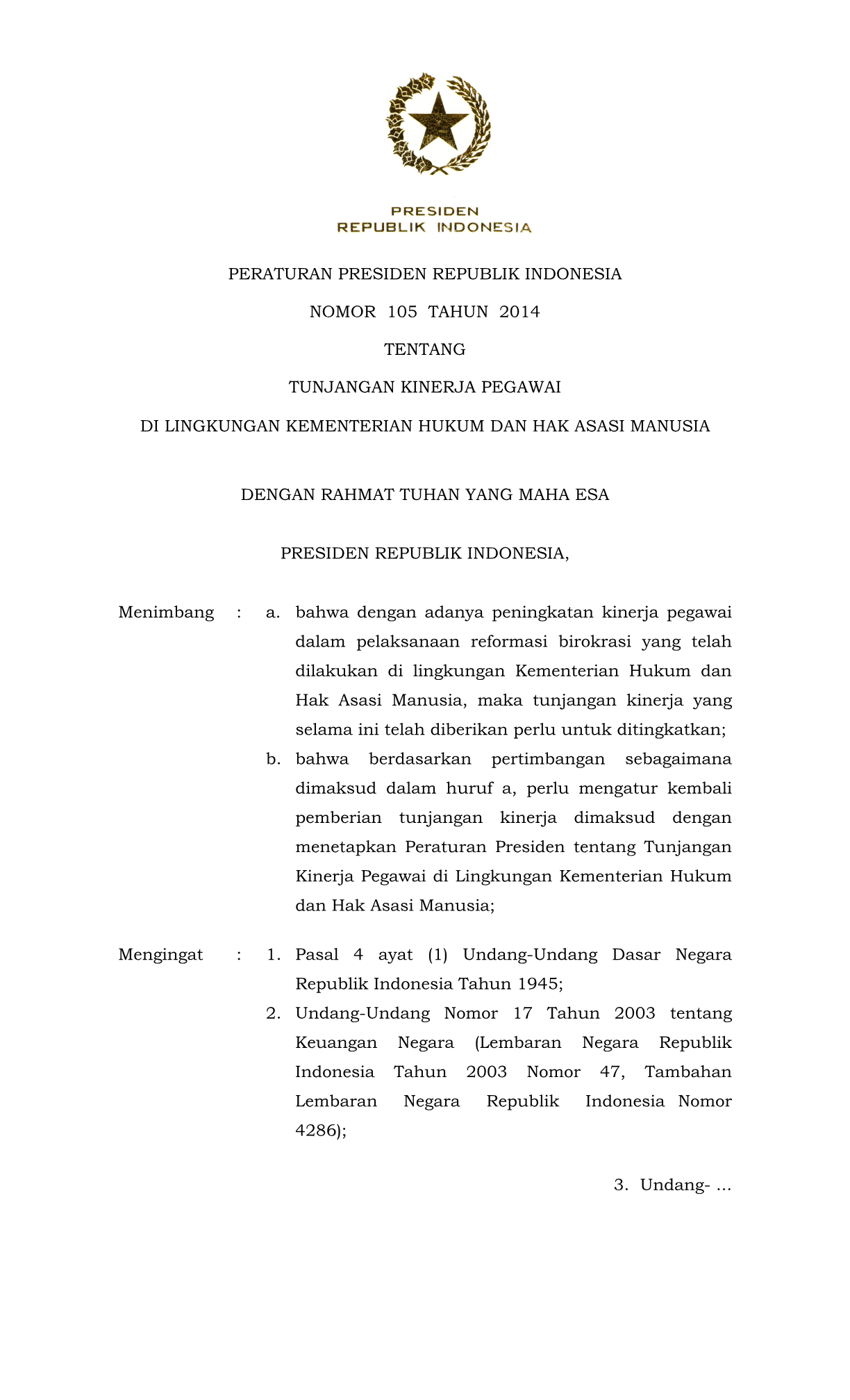 Peraturan Presiden Nomor 105 Tahun 2014