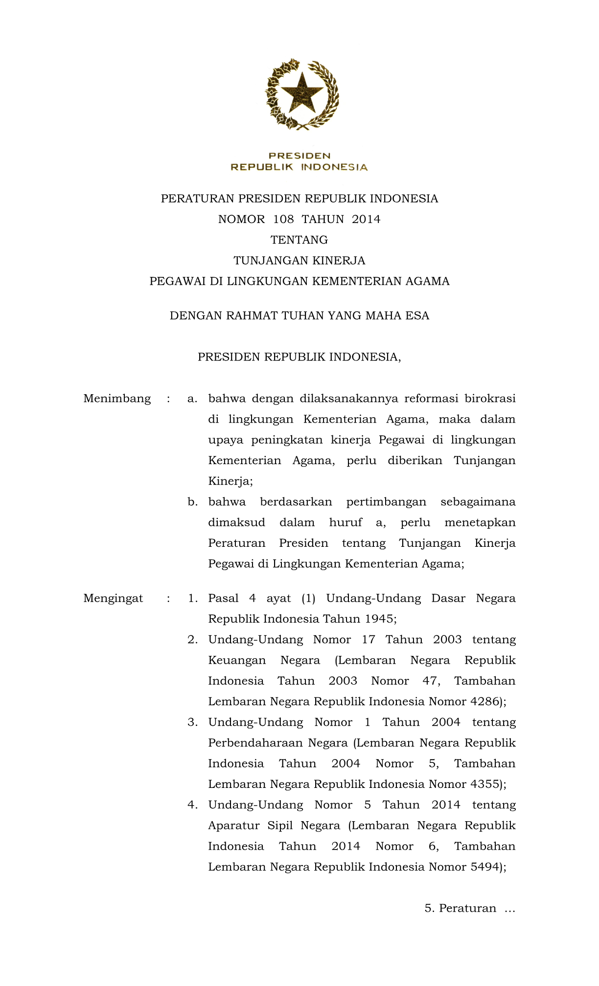 Peraturan Presiden Nomor 108 Tahun 2014