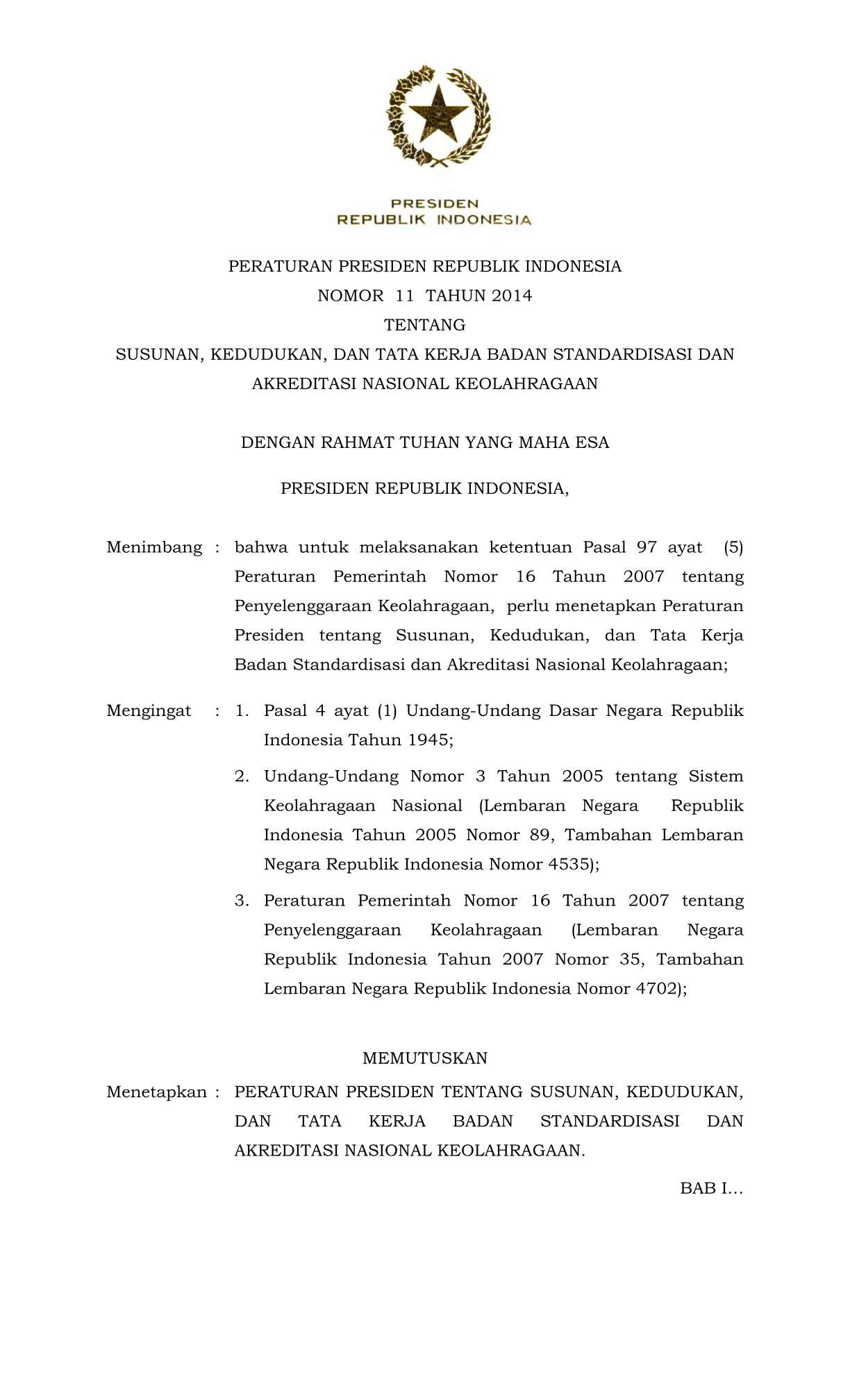 Peraturan Presiden Nomor 11 Tahun 2014