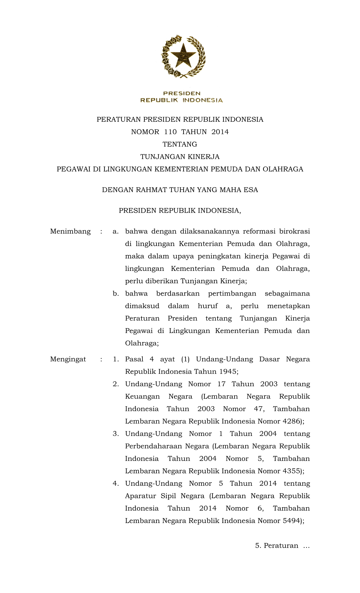 Peraturan Presiden Nomor 110 Tahun 2014