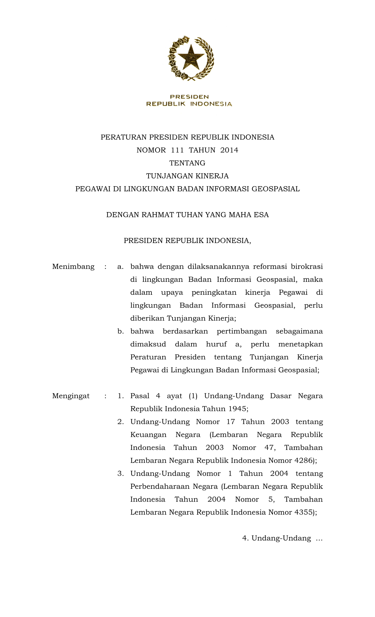 Peraturan Presiden Nomor 111 Tahun 2014