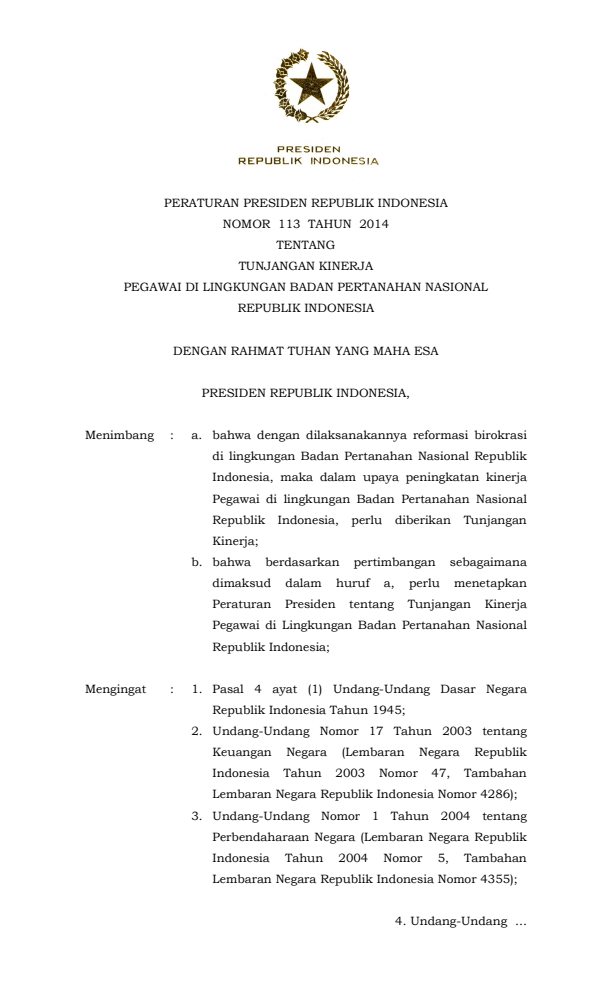 Peraturan Presiden Nomor 113 Tahun 2014