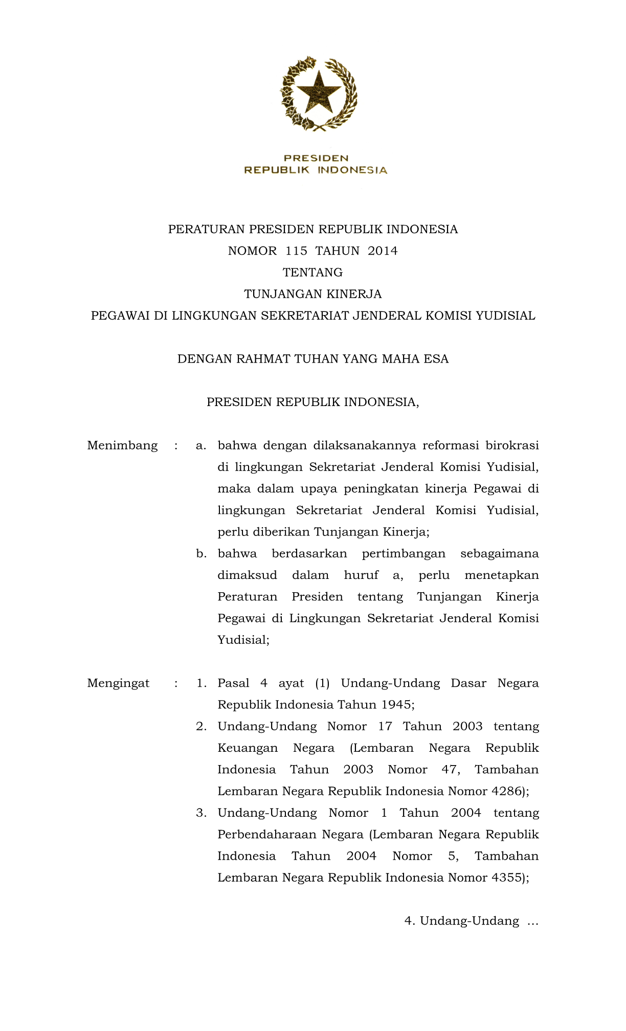Peraturan Presiden Nomor 115 Tahun 2014