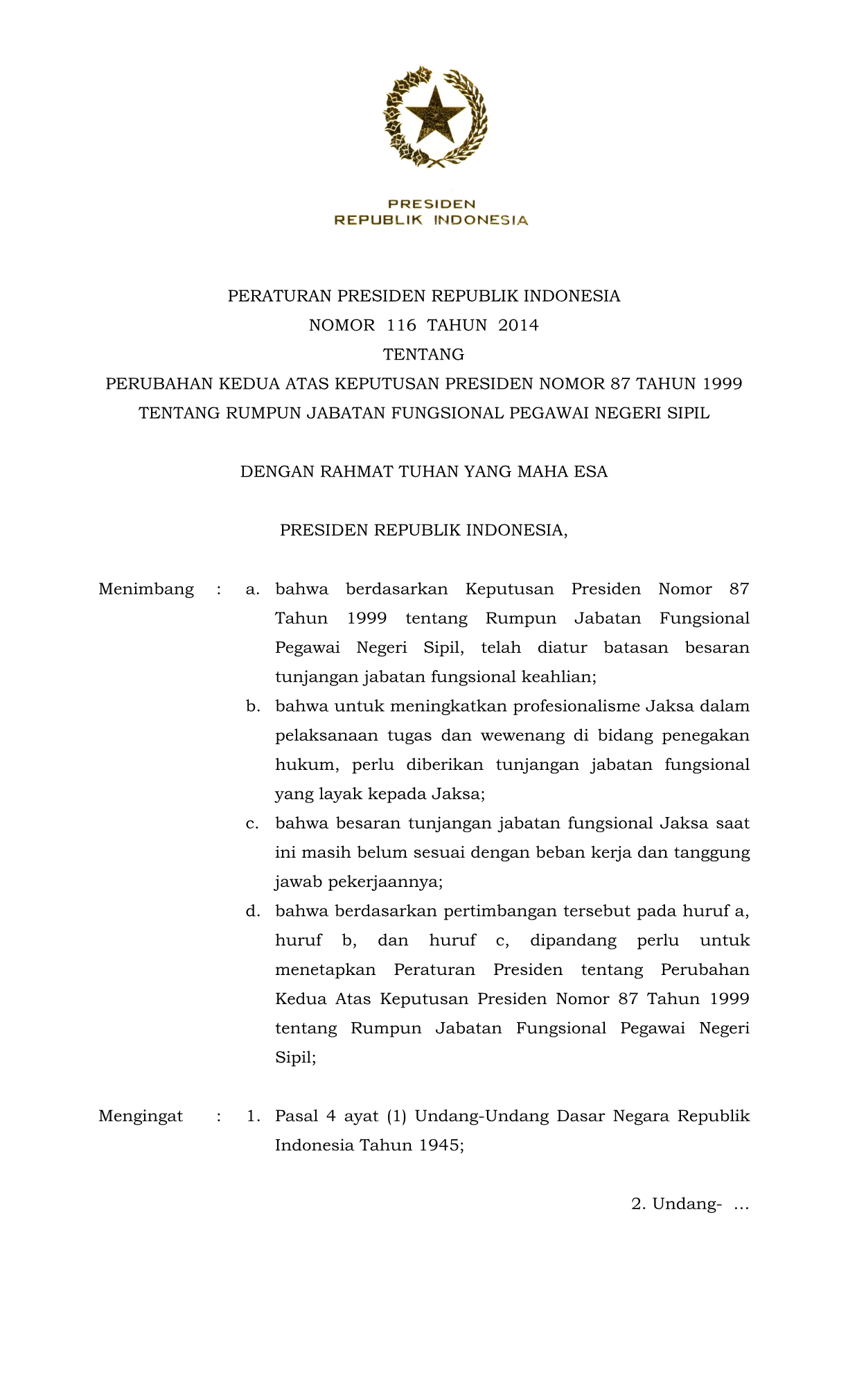 Peraturan Presiden Nomor 116 Tahun 2014