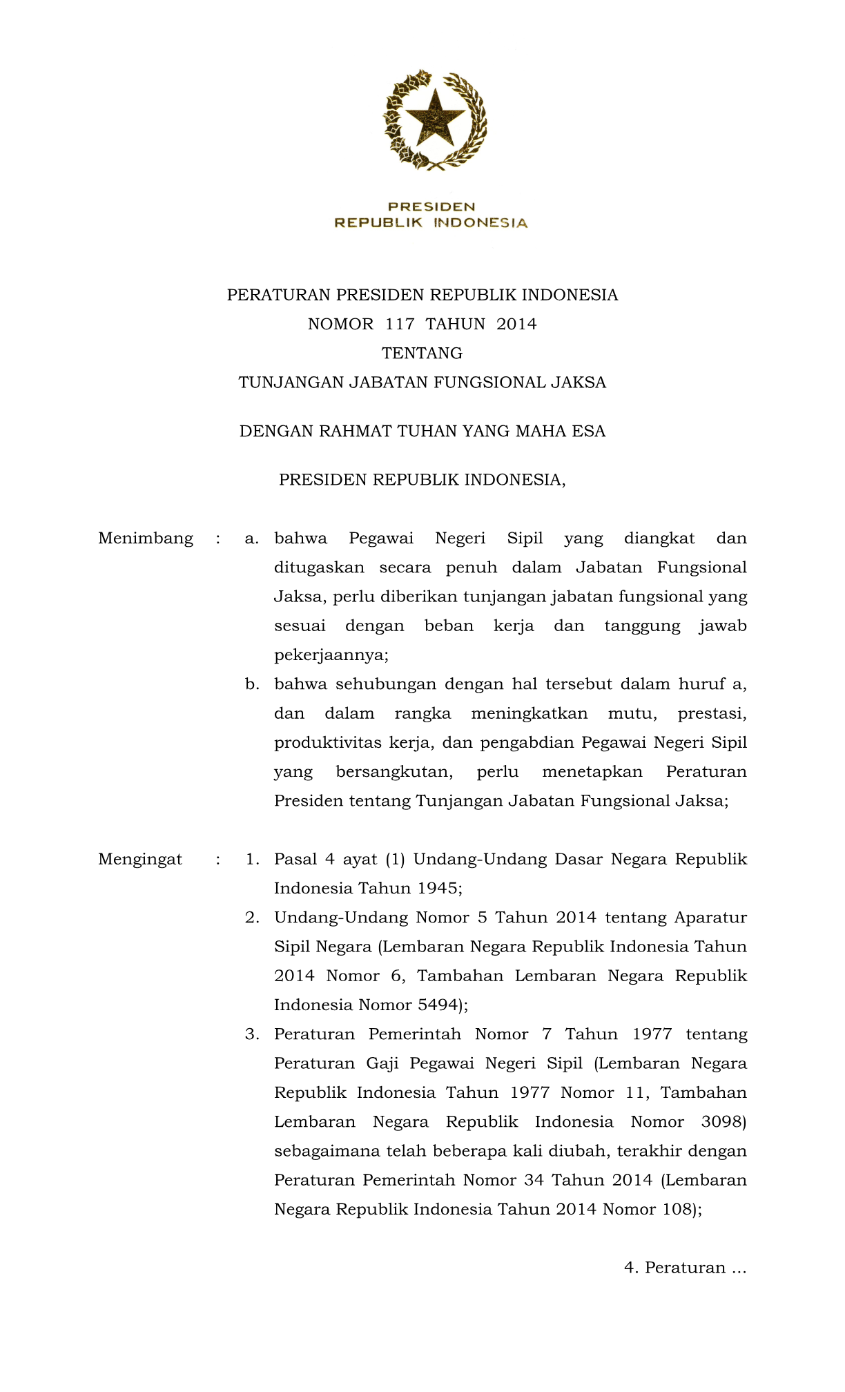 Peraturan Presiden Nomor 117 Tahun 2014
