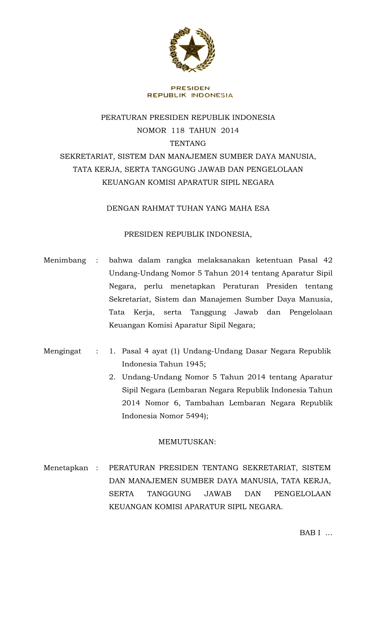 Peraturan Presiden Nomor 118 Tahun 2014