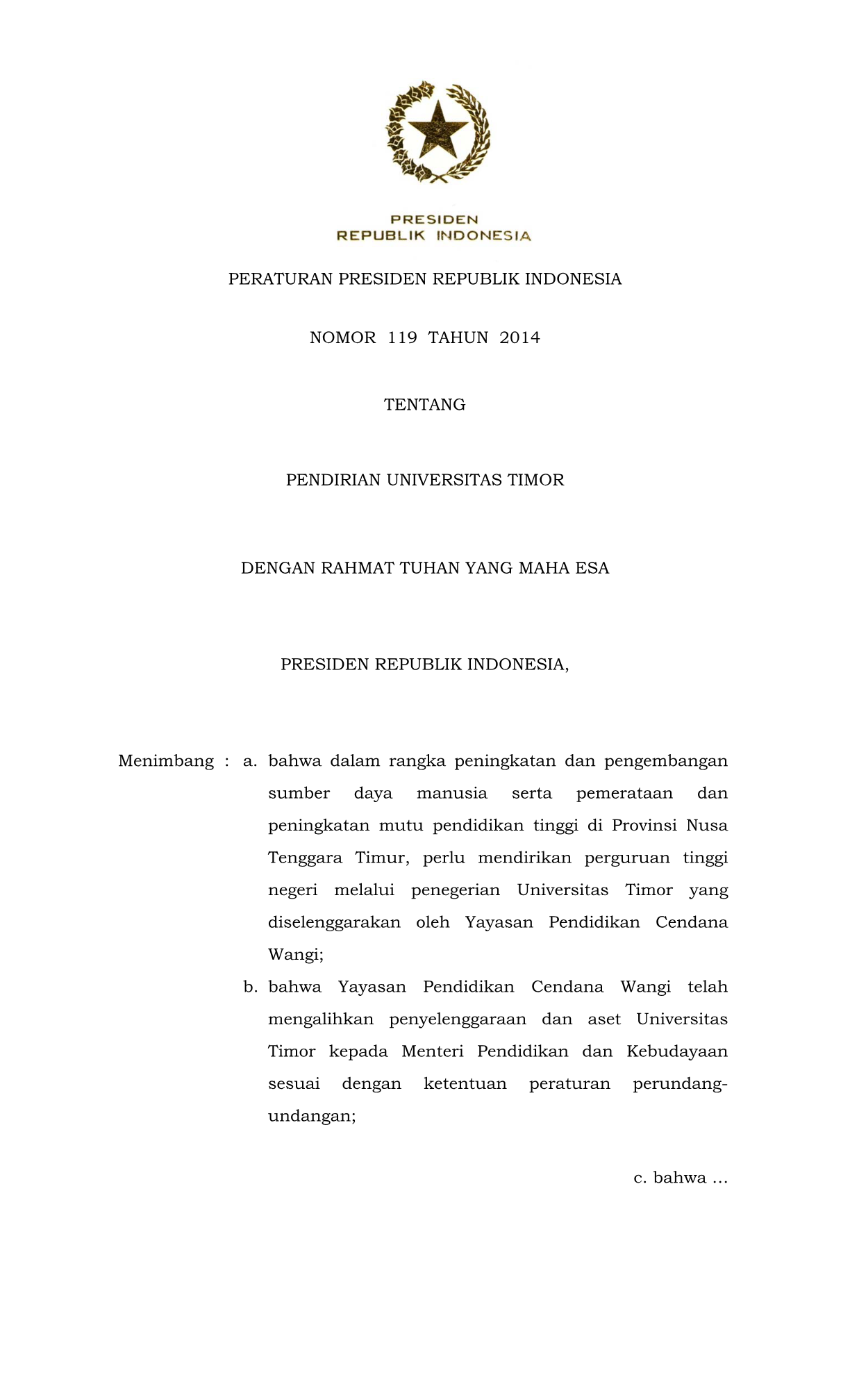 Peraturan Presiden Nomor 119 Tahun 2014