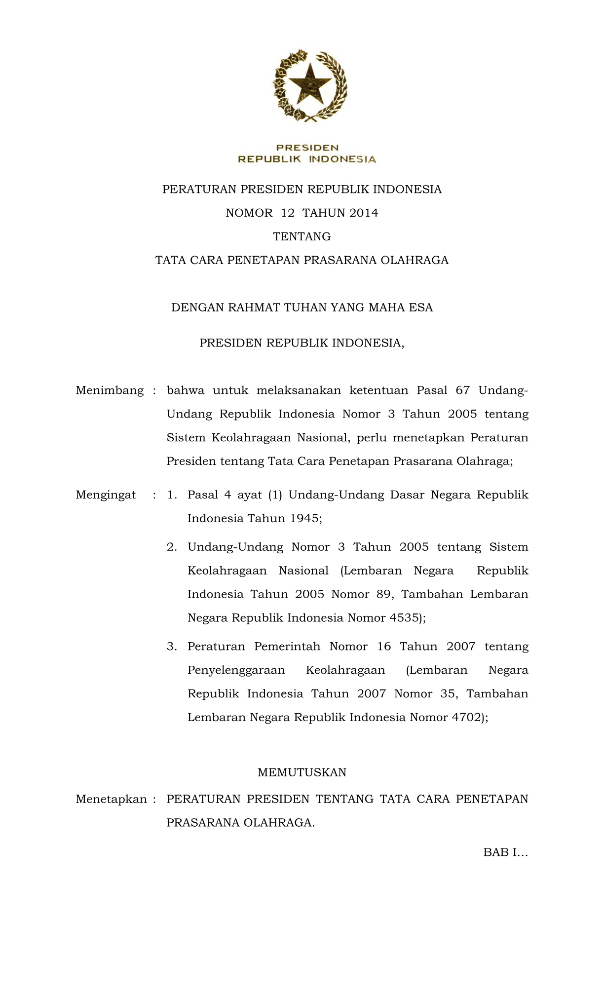 Peraturan Presiden Nomor 12 Tahun 2014