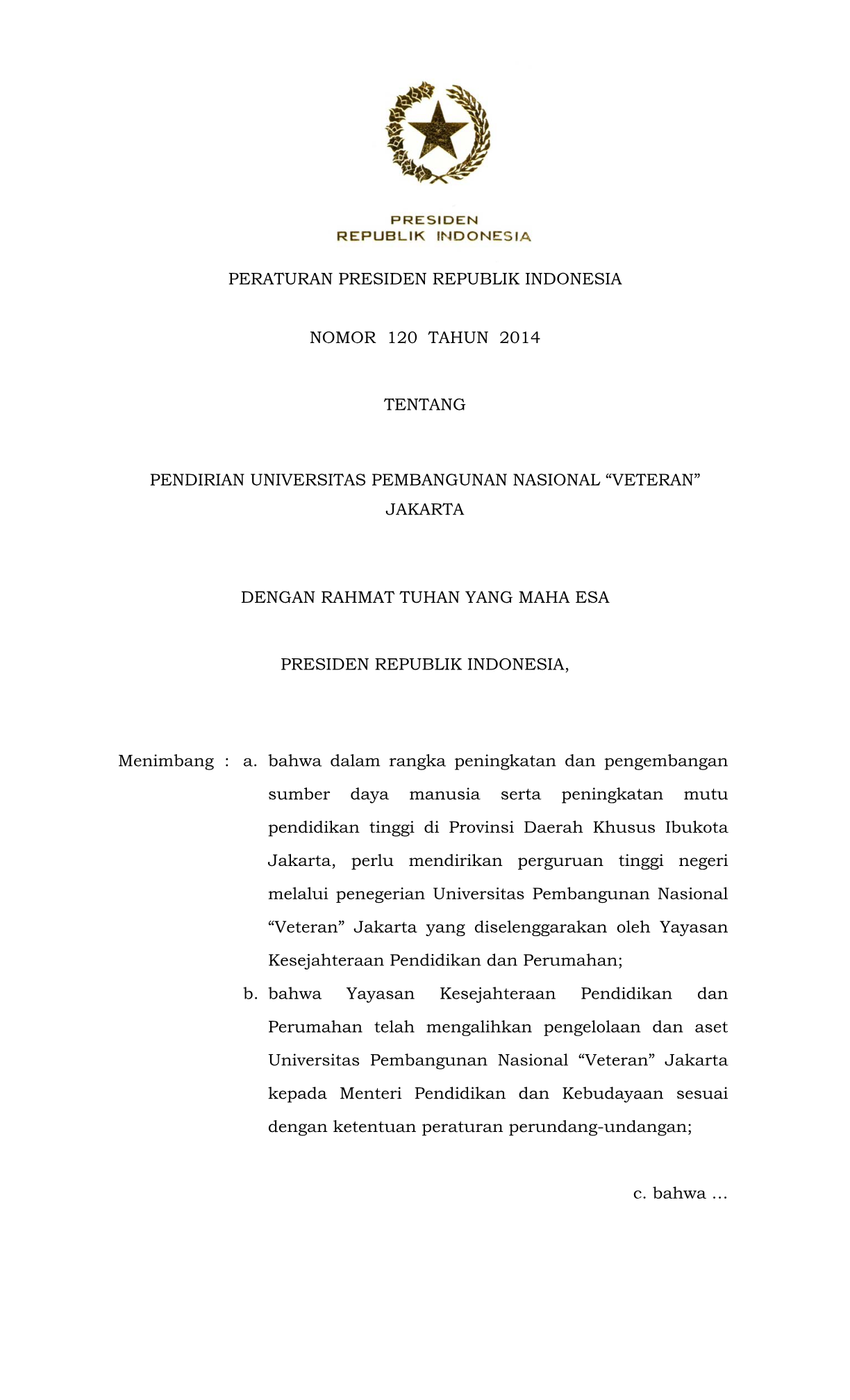 Peraturan Presiden Nomor 120 Tahun 2014
