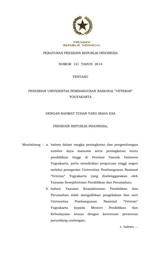 Peraturan Presiden Nomor 121 Tahun 2014
