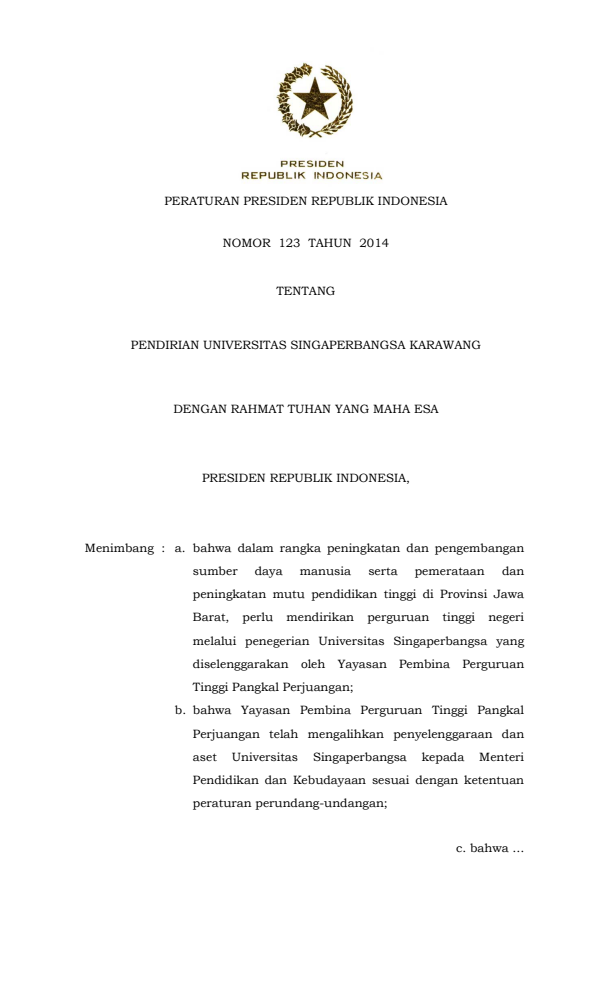 Peraturan Presiden Nomor 123 Tahun 2014