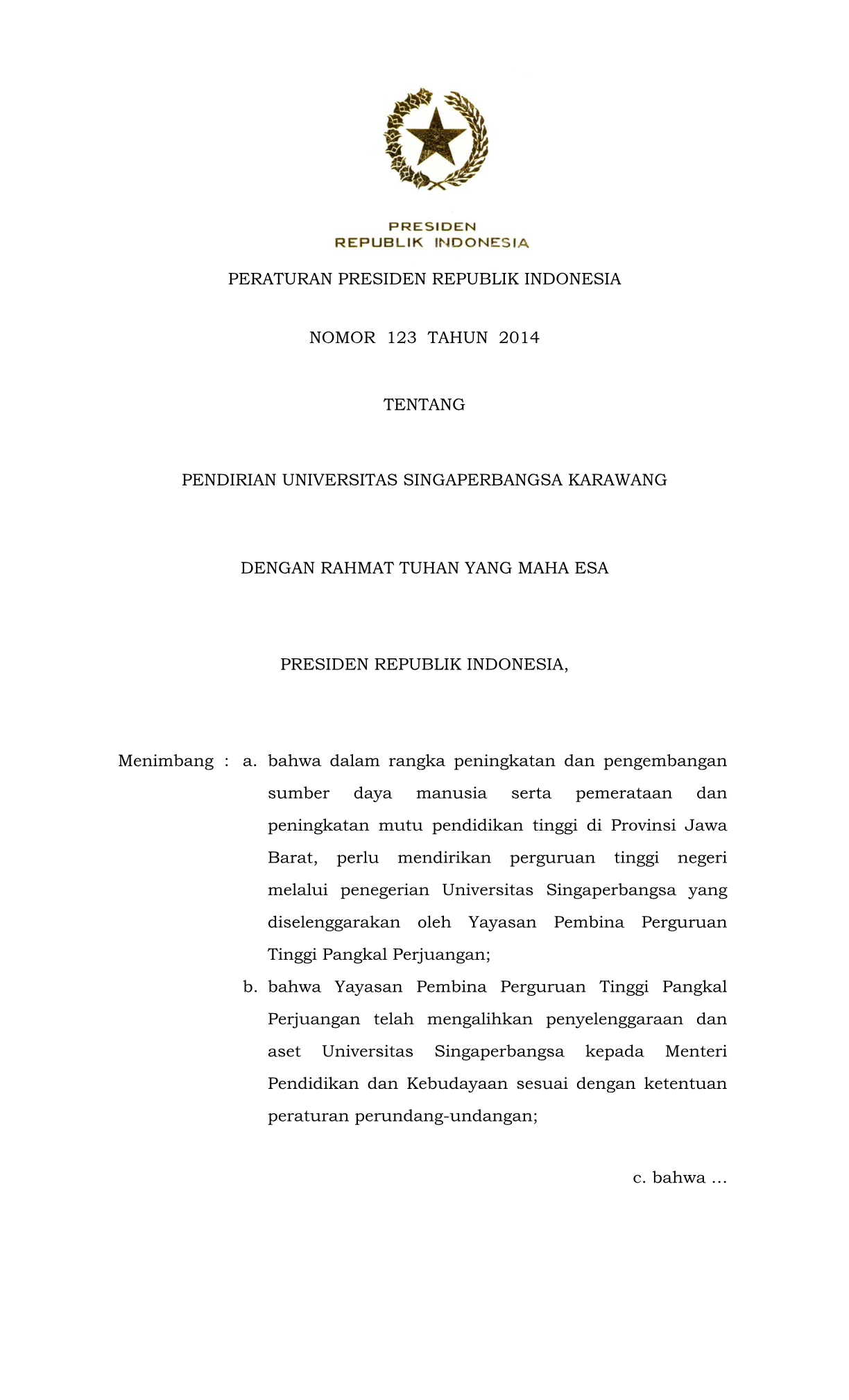 Peraturan Presiden Nomor 123 Tahun 2014