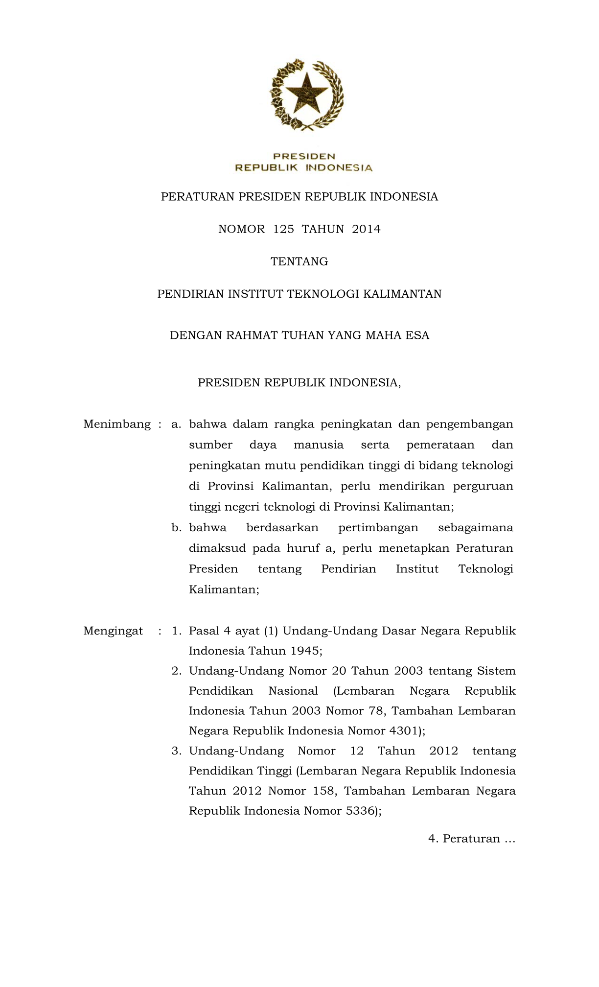 Peraturan Presiden Nomor 125 Tahun 2014