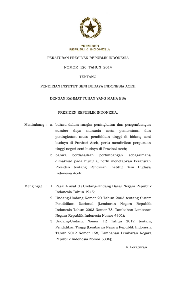 Peraturan Presiden Nomor 126 Tahun 2014