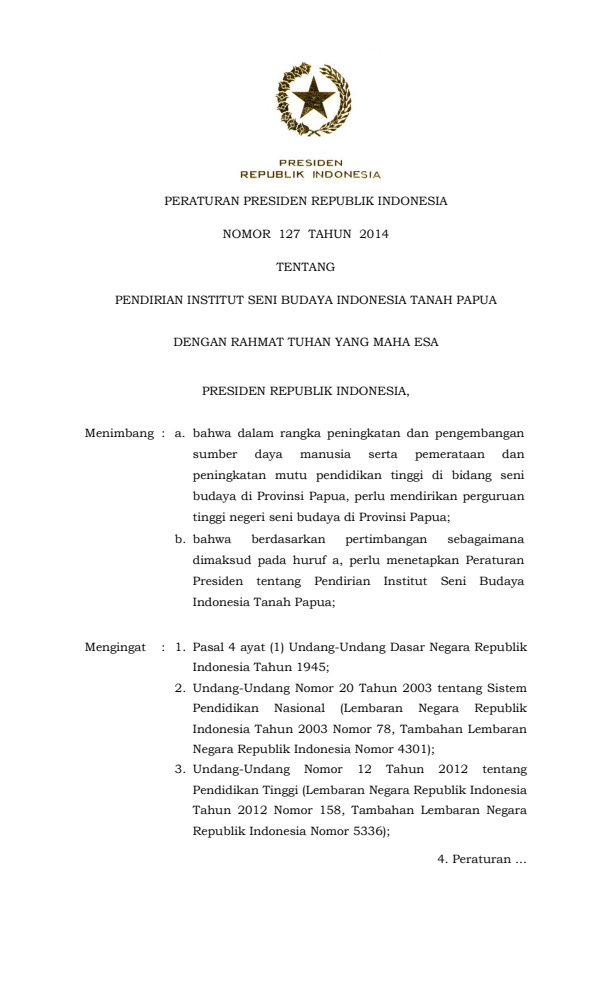 Peraturan Presiden Nomor 127 Tahun 2014