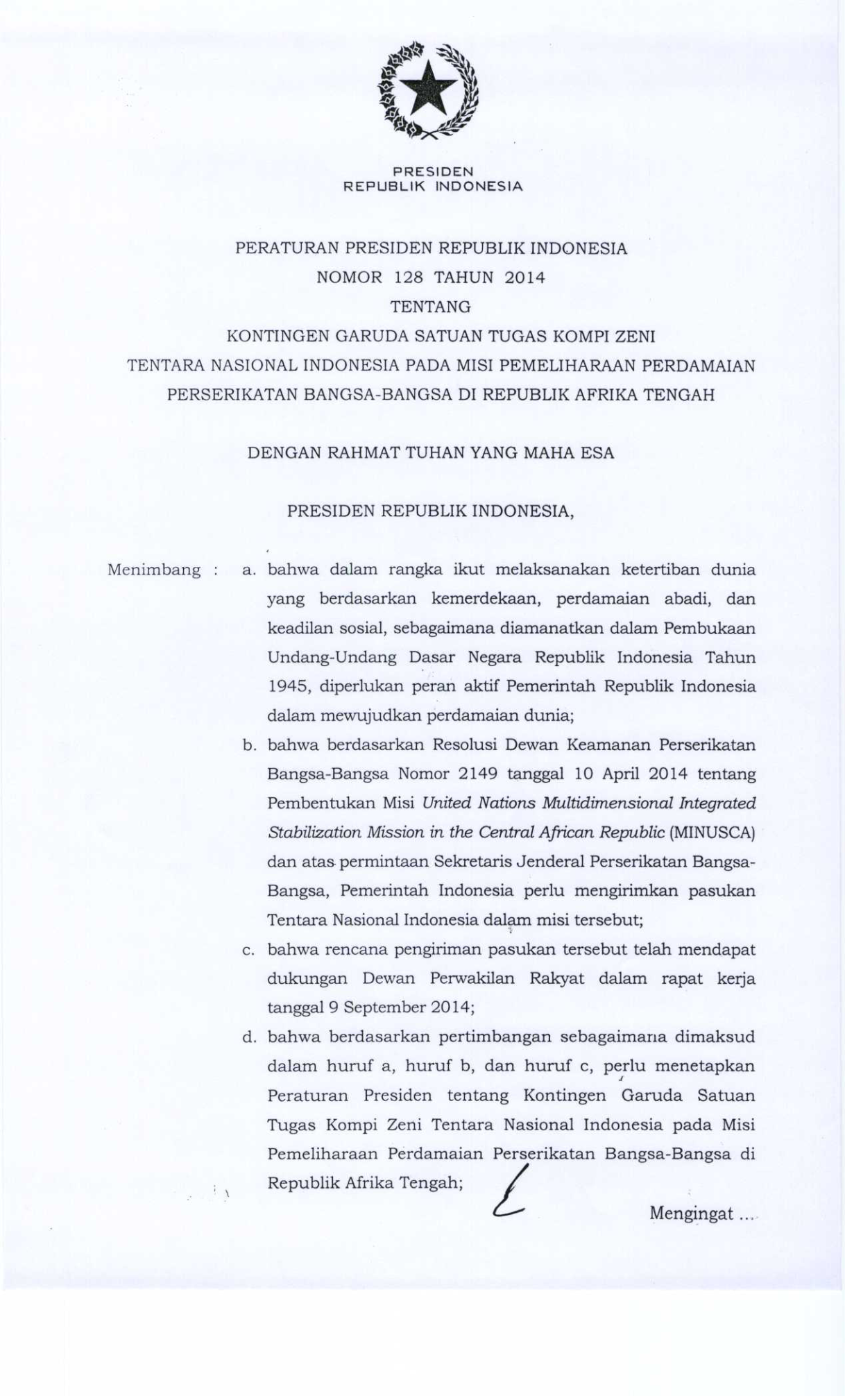 Peraturan Presiden Nomor 128 Tahun 2014
