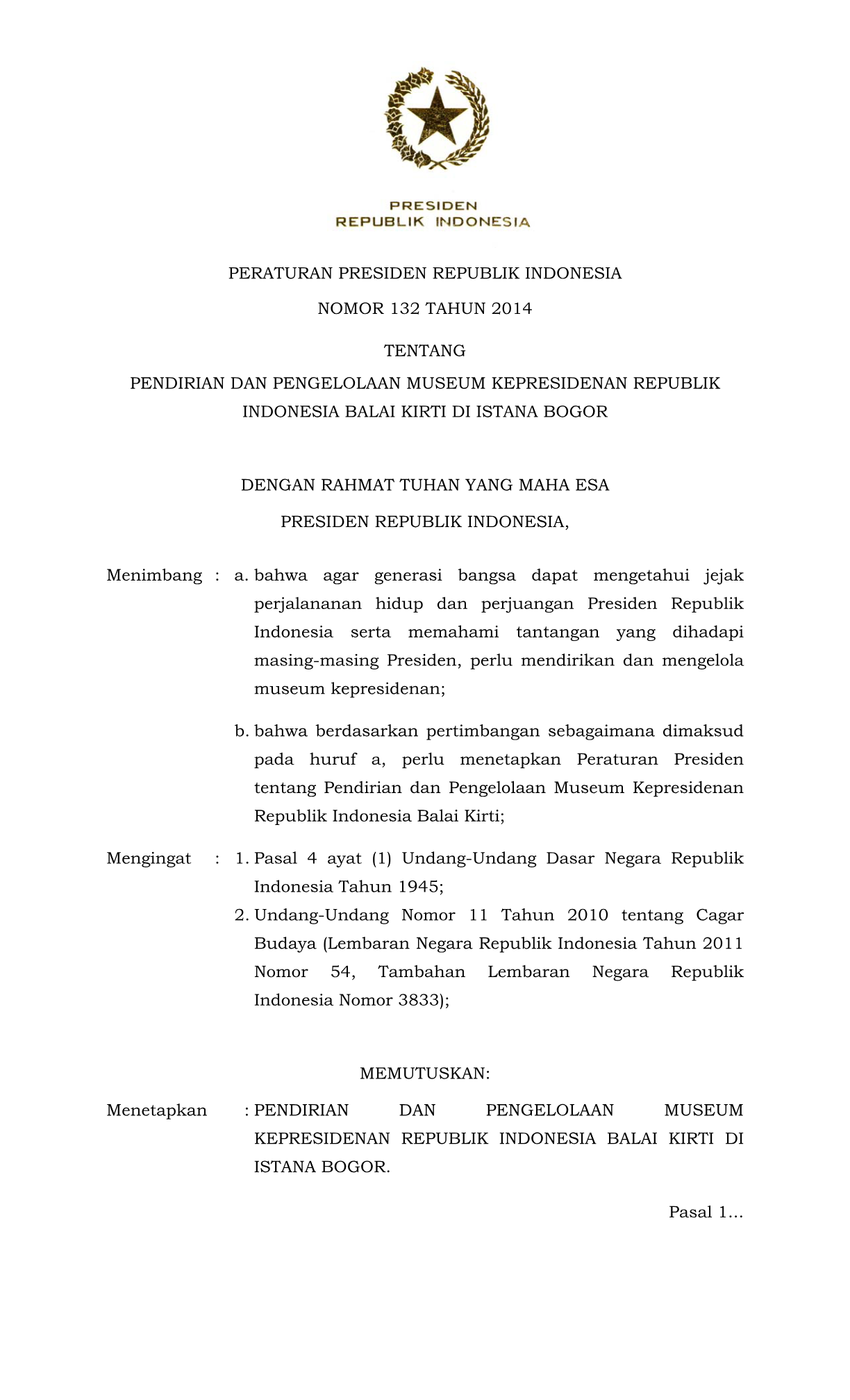 Peraturan Presiden Nomor 132 Tahun 2014