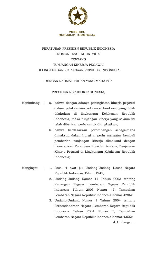 Peraturan Presiden Nomor 133 Tahun 2014