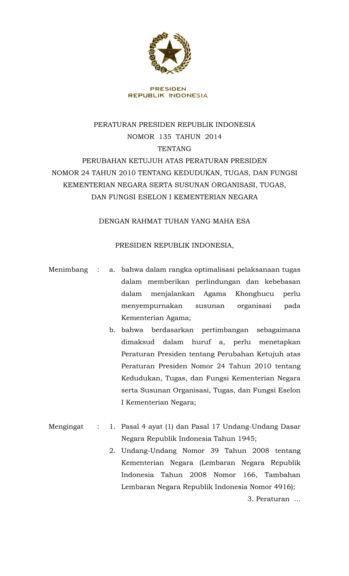 Peraturan Presiden Nomor 135 Tahun 2014