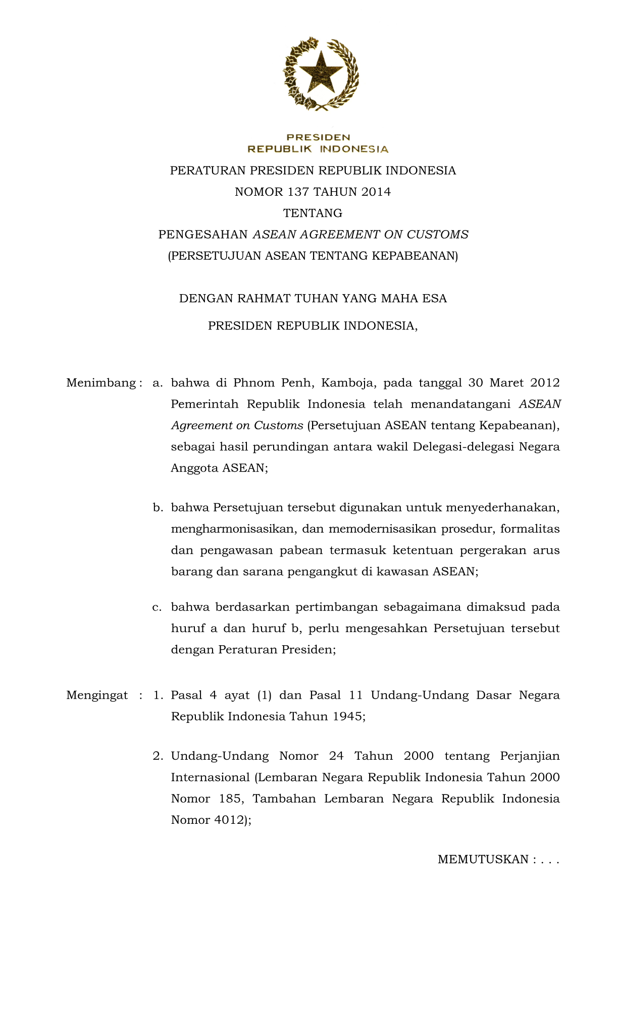 Peraturan Presiden Nomor 137 Tahun 2014