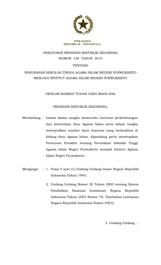 Peraturan Presiden Nomor 139 Tahun 2014