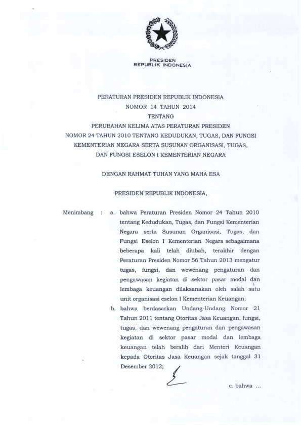 Peraturan Presiden Nomor 14 Tahun 2014