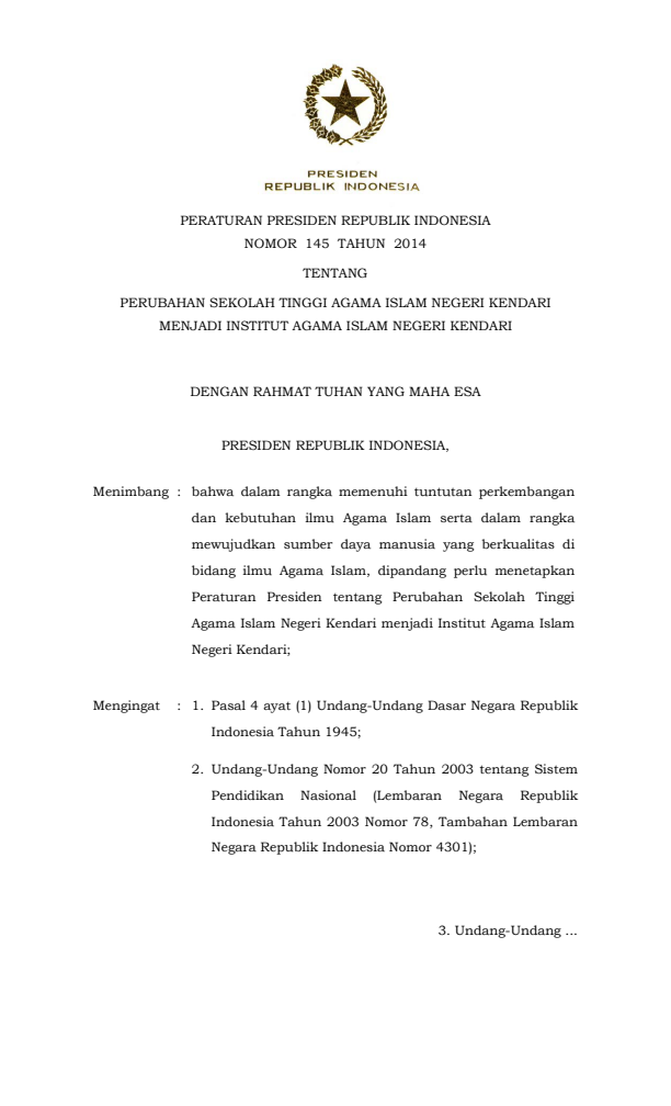 Peraturan Presiden Nomor 145 Tahun 2014