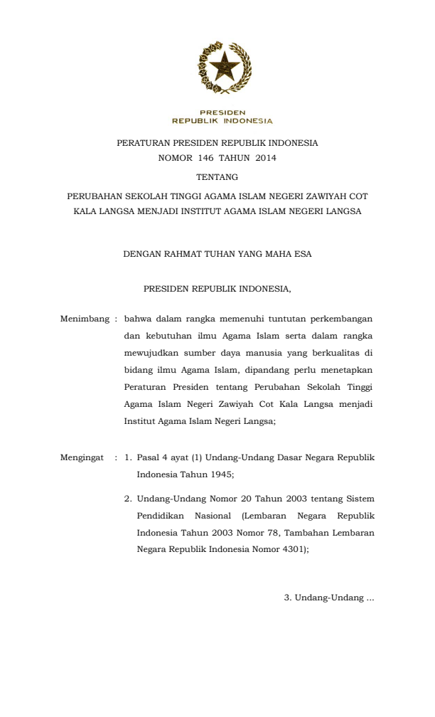 Peraturan Presiden Nomor 146 Tahun 2014