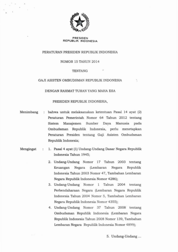 Peraturan Presiden Nomor 15 Tahun 2014