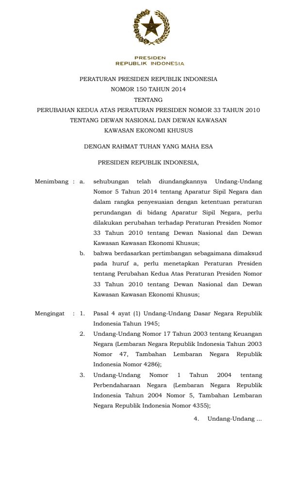 Peraturan Presiden Nomor 150 Tahun 2014