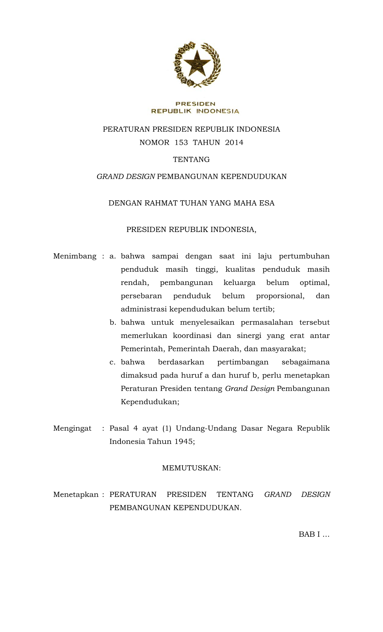 Peraturan Presiden Nomor 153 Tahun 2014