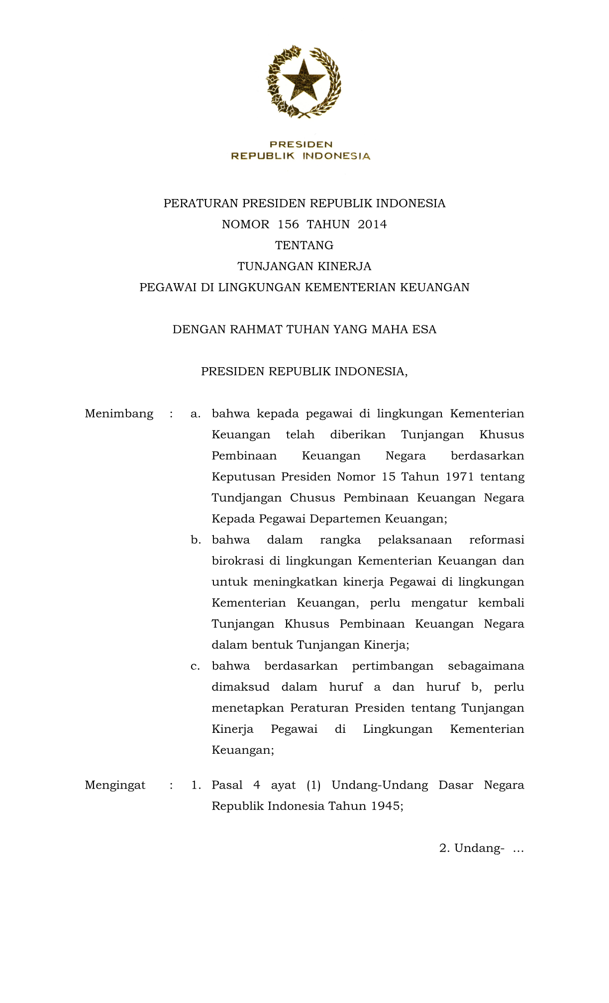 Peraturan Presiden Nomor 156 Tahun 2014