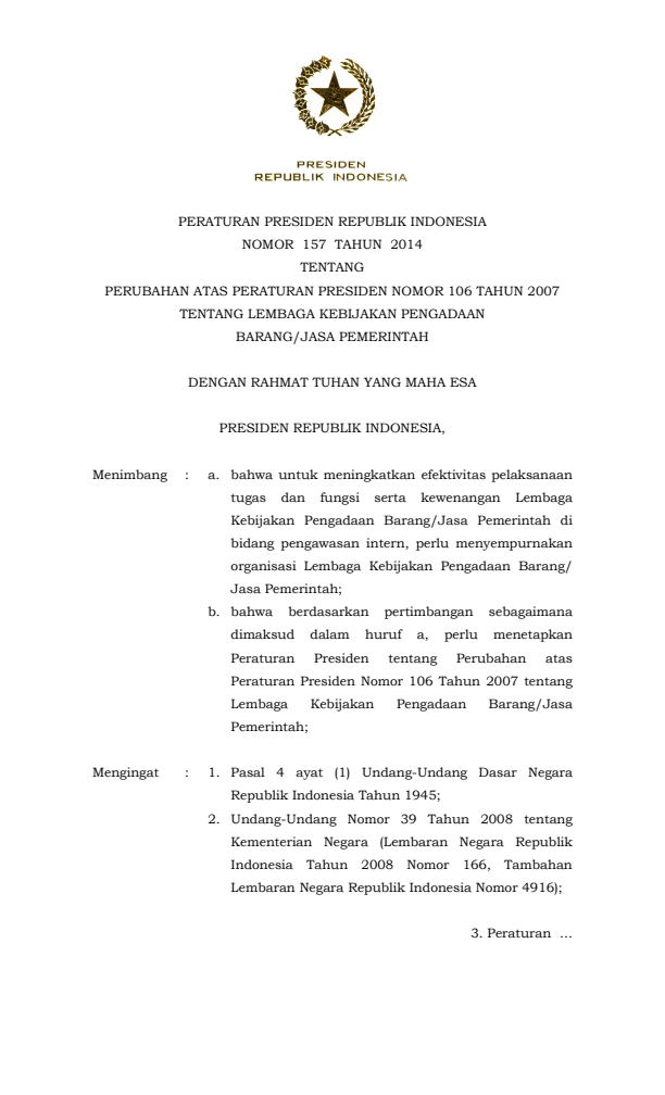 Peraturan Presiden Nomor 157 Tahun 2014