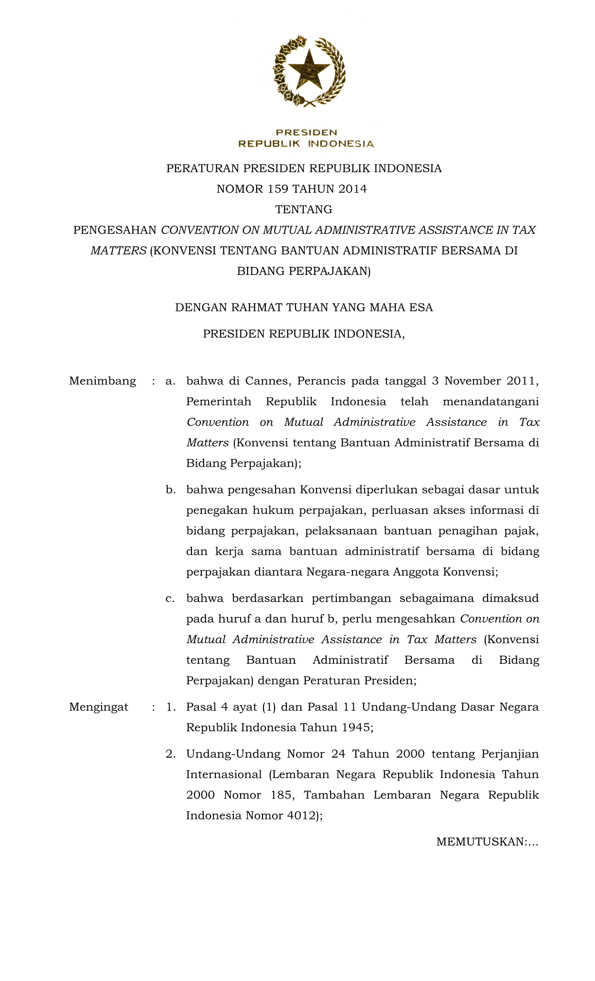 Peraturan Presiden Nomor 159 Tahun 2014