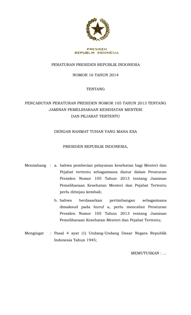 Peraturan Presiden Nomor 16 Tahun 2014